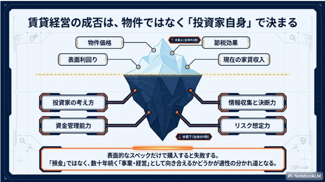 物件価格や表面利回りなどの表面的条件より、投資家の考え方・資金管理・情報収集・リスク想定が重要だと示す氷山図