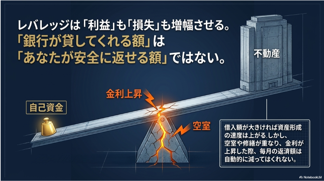 自己資金と不動産を載せた天秤が空室と金利上昇によって崩れるレバレッジリスクの図