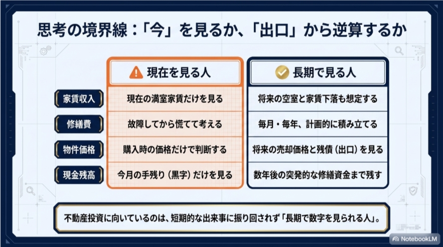 家賃収入・修繕費・物件価格・現金残高を、現在だけ見る人と出口から逆算する人で比較した表