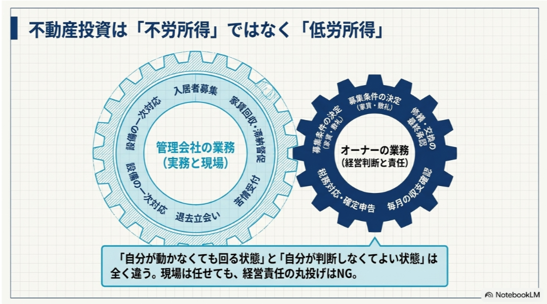 管理会社が担当する入居者対応や家賃回収と、オーナーに残る修繕・融資・売却などの経営判断を示した役割分担図