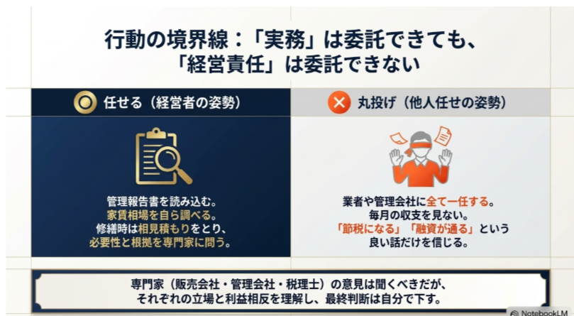 管理報告の確認や相場調査はオーナーが行い、実務は任せても経営判断を丸投げしない姿勢を比較した図