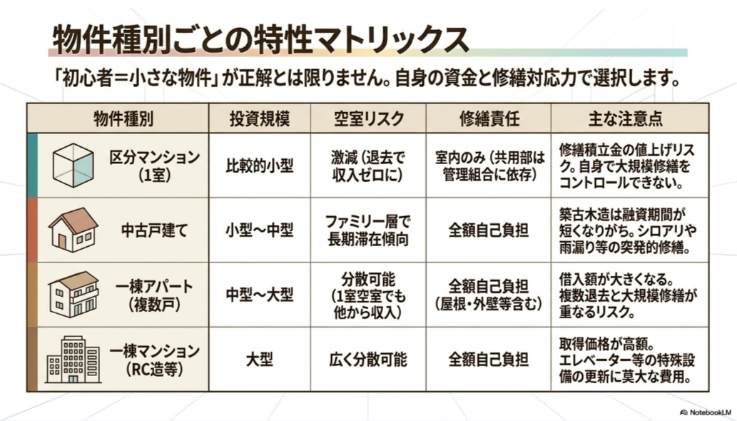 区分マンション・中古戸建て・一棟アパート・一棟マンションの投資規模と空室リスクや修繕責任の比較