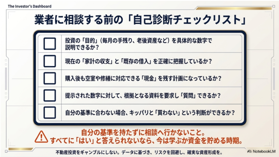 投資目的、家計収支、購入後の現金、質問力、買わない判断の5項目を確認する不動産投資の自己診断チェックリスト