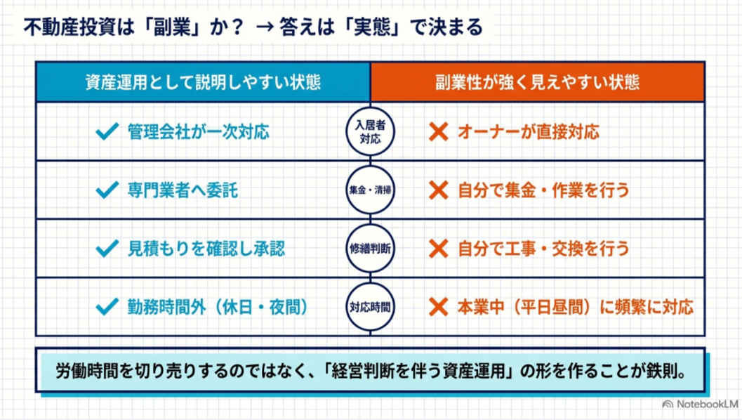 管理会社へ実務を委託する運営とオーナーが直接対応する運営を比較し、不動産投資の副業性が実態で変わることを示した図