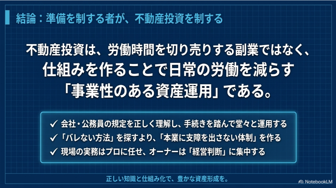 勤務先や公務員の規定を守り、現場実務を専門家へ任せ、オーナーが経営判断に集中する不動産投資の結論