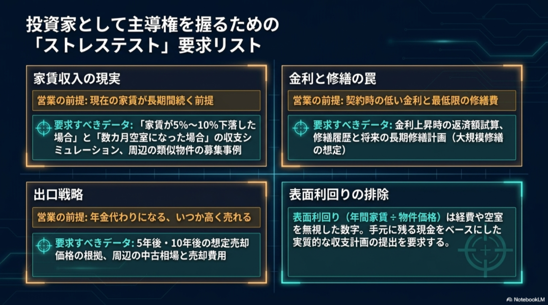 家賃下落、空室、金利上昇、修繕、5年後・10年後の売却価格を営業会社へ確認する要求リスト