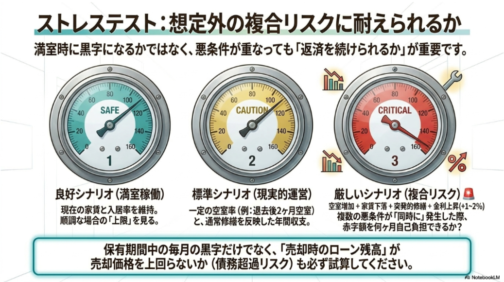 満室・標準・空室修繕金利上昇が重なる厳しい状況を比較する不動産投資のストレステスト