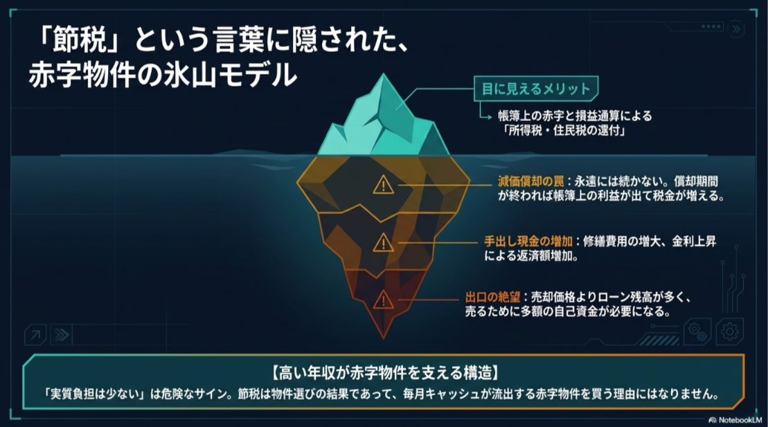 税金の還付の裏に減価償却終了、修繕費、金利上昇、売却時のローン残高が潜む赤字物件の氷山図