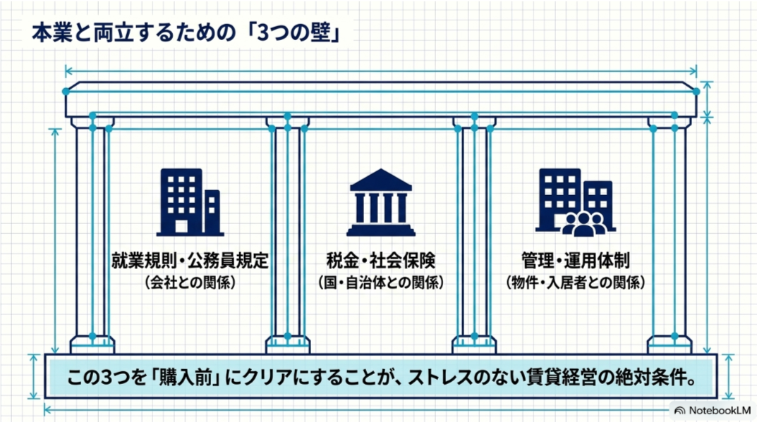 不動産投資を本業と両立するために確認する就業規則・公務員規定、税金・社会保険、管理・運用体制の3つの柱
