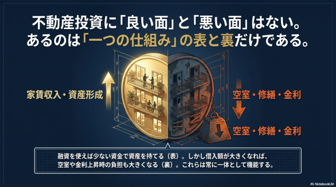 家賃収入と資産形成のメリットに対し、空室・修繕・金利上昇のリスクが表裏一体であることを示す図