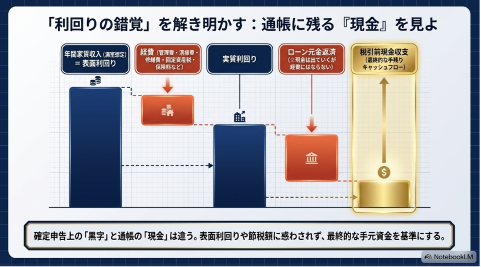 年間家賃収入から経費とローン元金返済を差し引き、最終的な税引前現金収支が残る流れを示した図