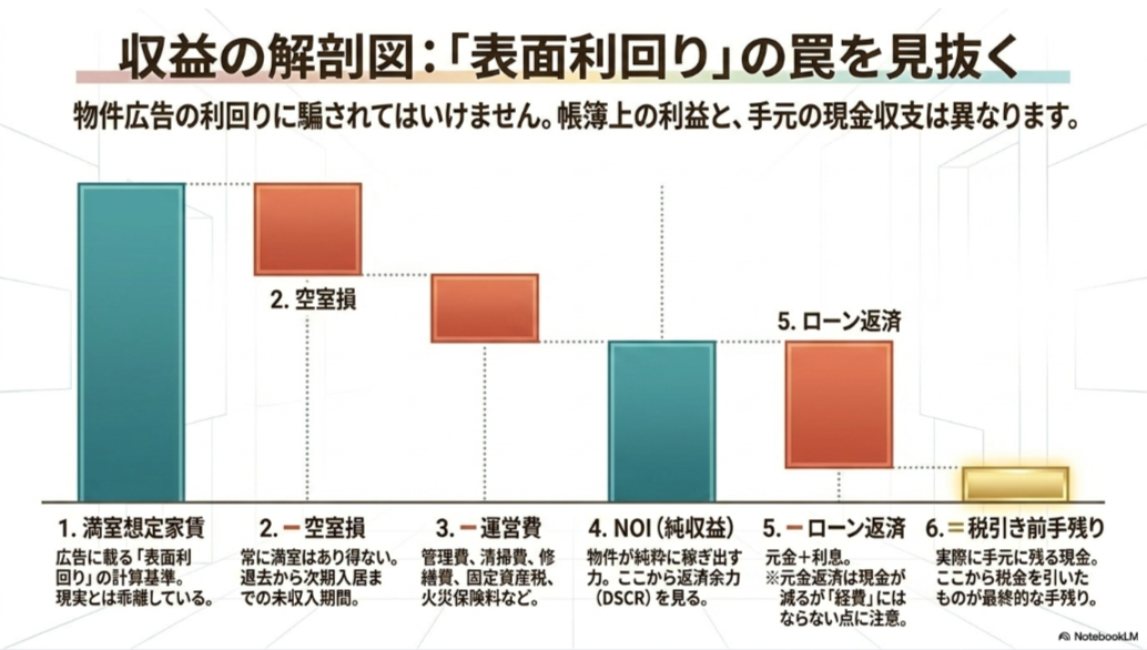 満室想定家賃から空室損・運営費・ローン返済を差し引いて手残りを確認する不動産投資の収益図