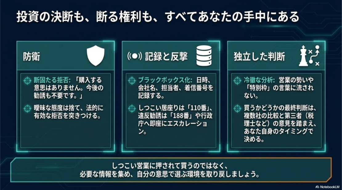 明確な拒否、証拠の記録と公的窓口への相談、複数社と専門家による独立判断で主導権を守るまとめ