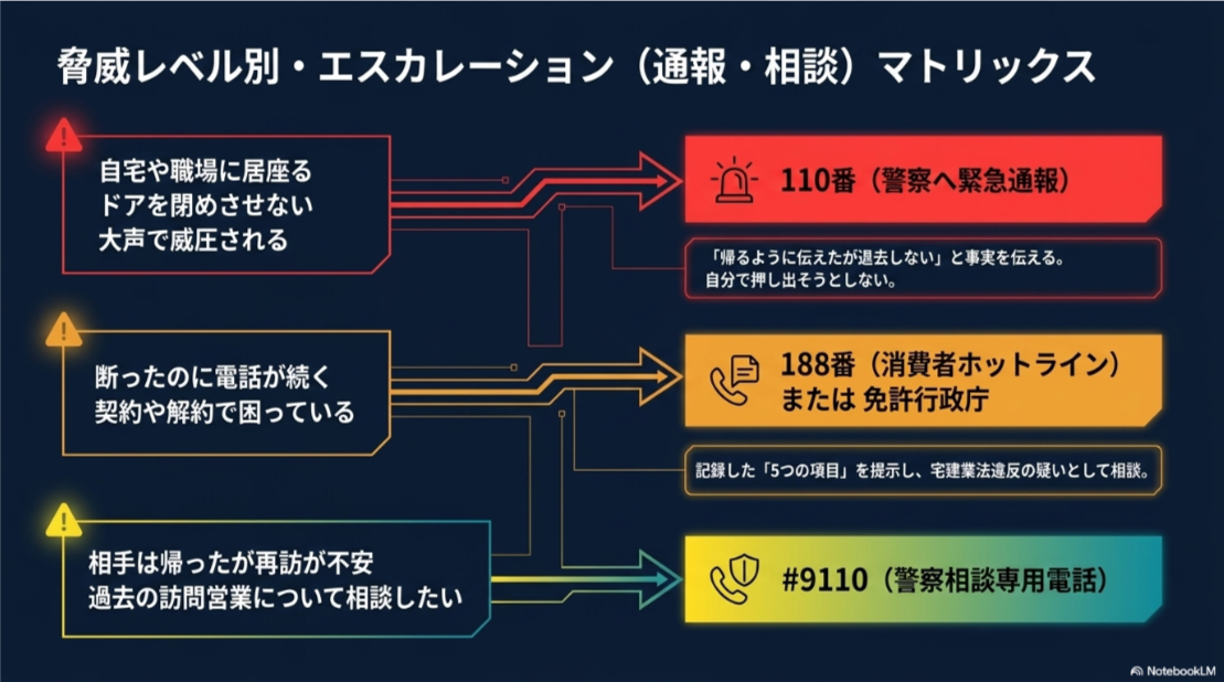 居座りや威圧は110番、契約や再勧誘は188番または免許行政庁、緊急でない警察相談は#9110と示した図