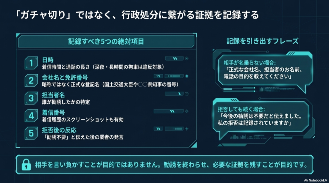 日時、会社名と免許番号、担当者名、着信番号、拒否後の反応を記録する証拠保全のポイント