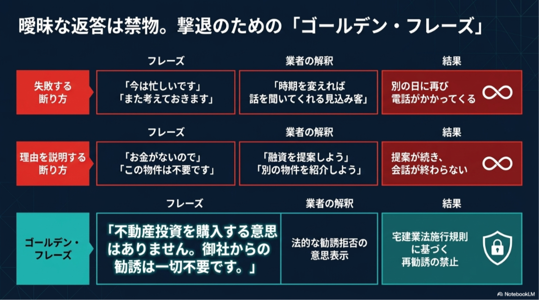 本文で紹介した基本フレーズを、失敗する断り方との違いを含めて視覚的に復習できます。