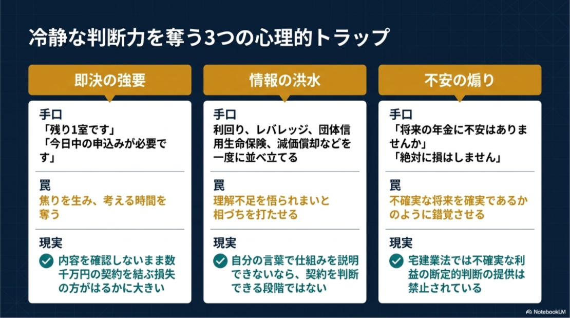 即決の強要、情報の洪水、不安の煽りによって冷静な判断力を奪う不動産投資営業の手口