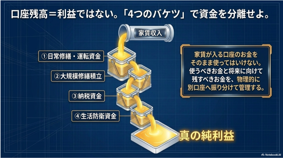 家賃収入を日常修繕・運転資金、大規模修繕積立、納税資金、生活防衛資金の4つに分ける資金管理図