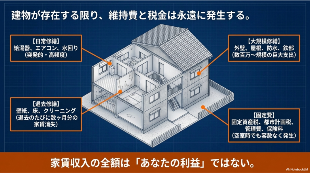 アパートの断面図を使い、日常修繕・退去修繕・大規模修繕・固定資産税などの固定費を分類した図