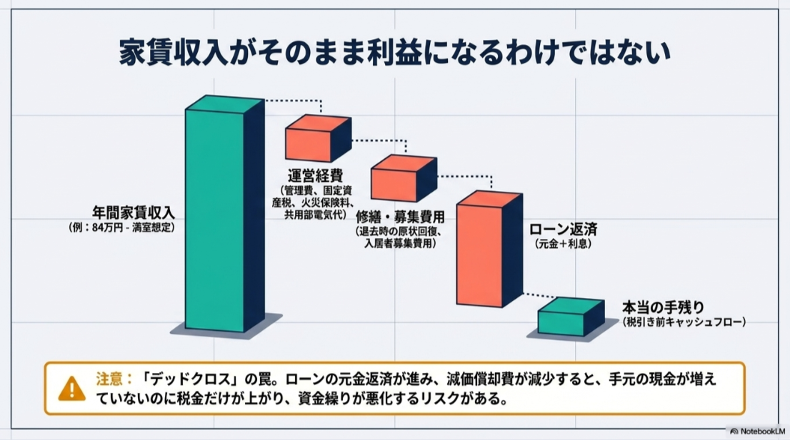 年間家賃収入84万円から管理費や固定資産税、修繕費、ローン返済を差し引いて手残りを計算する図