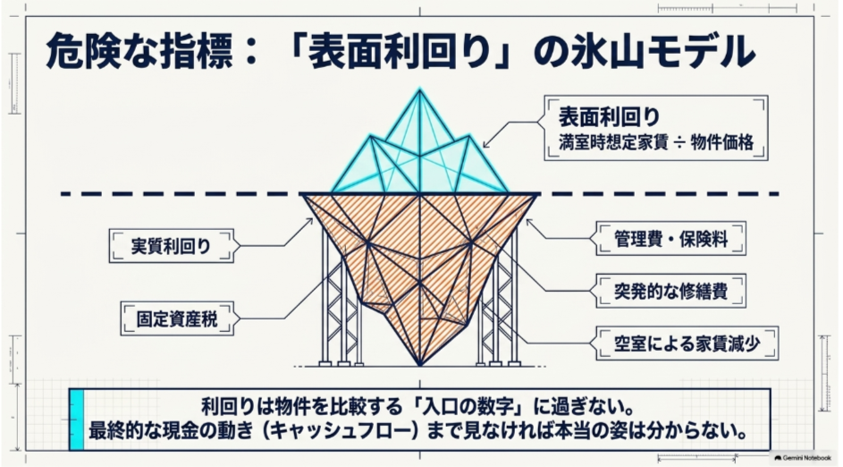 表面利回りの裏に固定資産税・管理費・保険料・修繕費・空室による家賃減少があることを示した氷山図