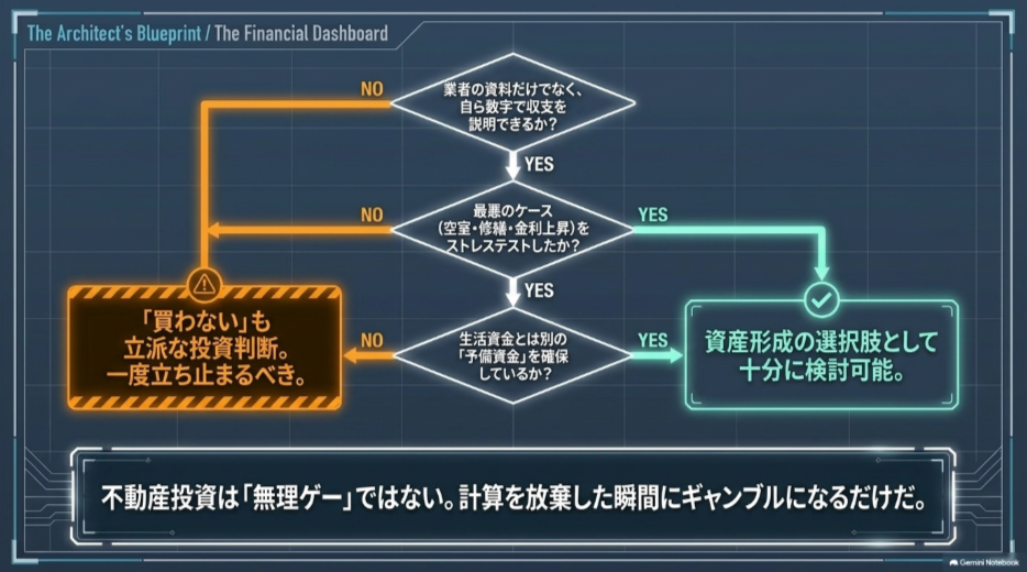 収支確認、最悪ケースのストレステスト、予備資金の確保から不動産投資を買うか見送るか判断するフローチャート