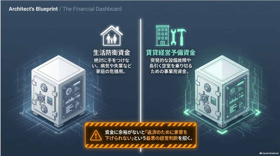 不動産投資で生活防衛資金と賃貸経営用の予備資金を分けて確保する重要性を示した図