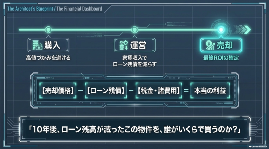 不動産投資を購入、運営、売却の流れで捉え、売却価格からローン残債や税金を差し引いて利益を考える出口戦略の図
