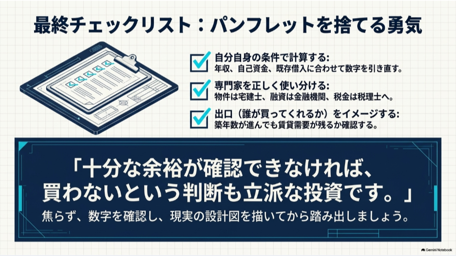 年収や自己資金で収支を計算し専門家を使い分け出口戦略まで確認する不動産投資の最終チェックリスト
