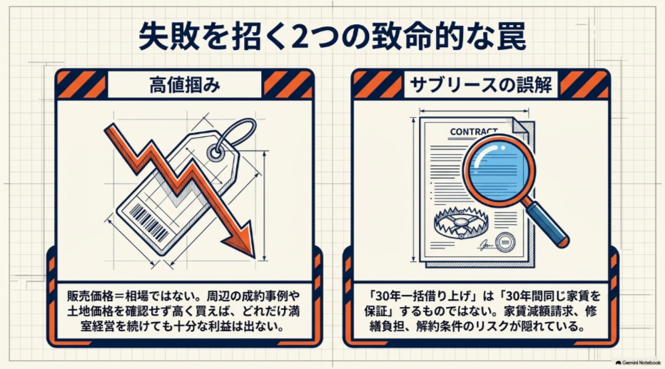 不動産投資の失敗原因となる高値掴みとサブリース契約の家賃減額・修繕・解約リスクを示した図