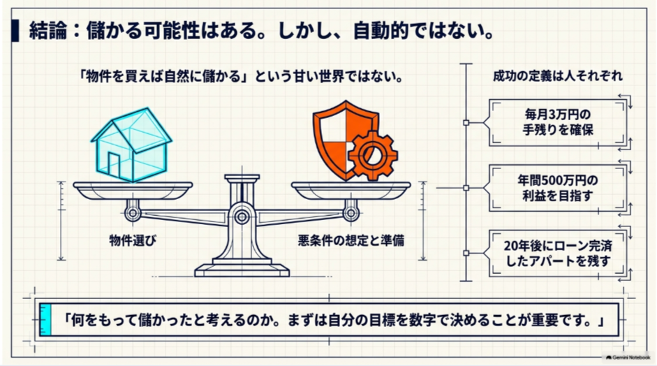 不動産投資の成功を毎月の手残り・年間利益・ローン完済後の資産など複数の目標で示した図