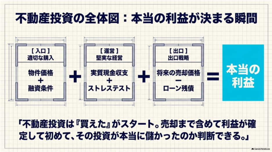 物件価格と融資条件、運営中の現金収支とストレステスト、将来の売却価格とローン残債から本当の利益を考える図