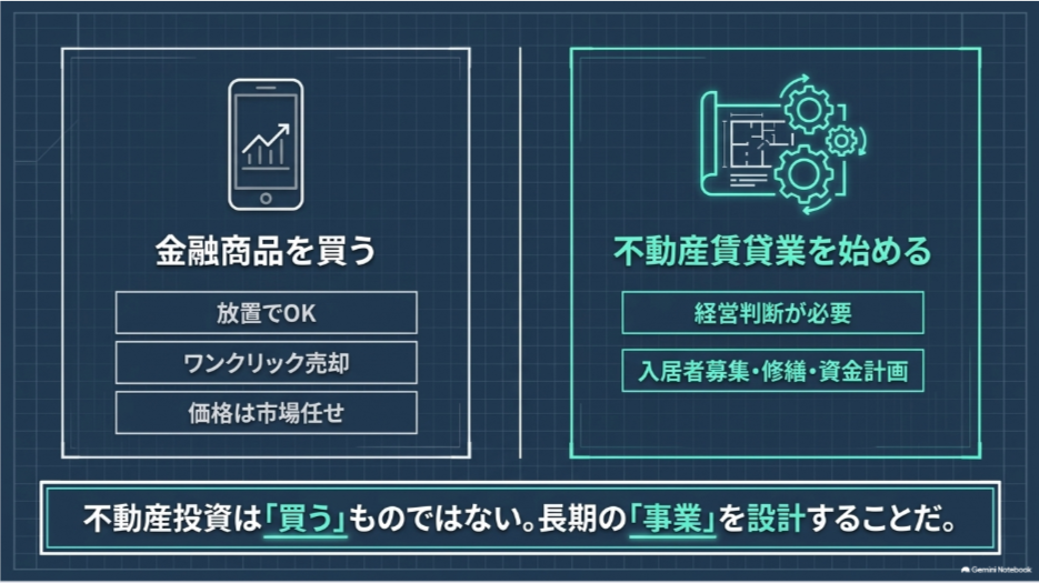 金融商品への投資と不動産賃貸業を比較し、不動産投資では入居者募集や修繕などの経営判断が必要であることを示した図