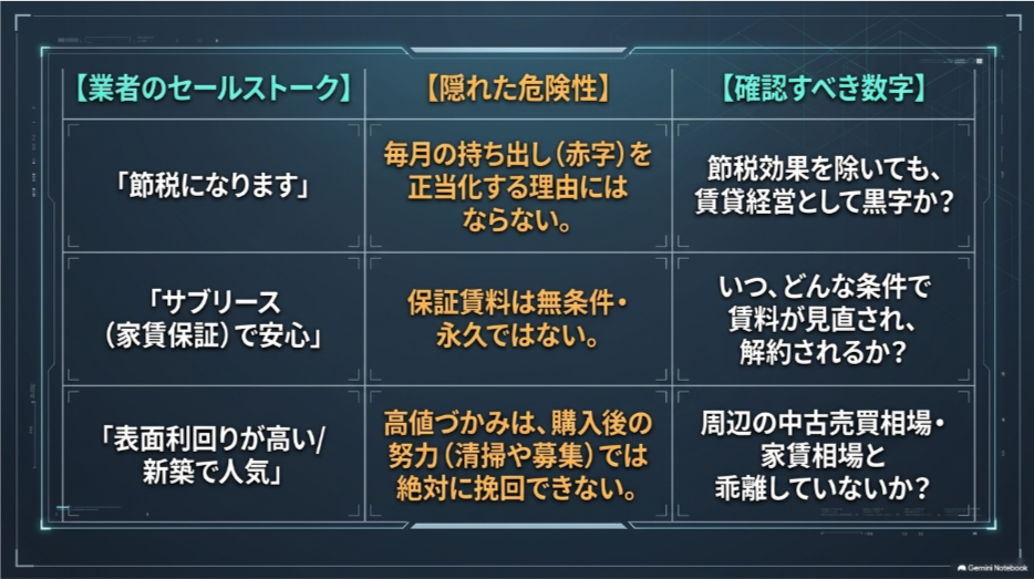 節税、サブリース、高利回りなどの不動産投資営業トークと、その裏で確認すべきリスクや数字を整理した図