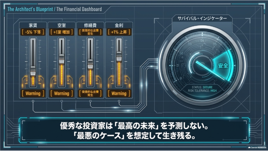 家賃下落、空室増加、修繕費発生、金利上昇を想定して不動産投資の返済余力を確認するストレステスト図