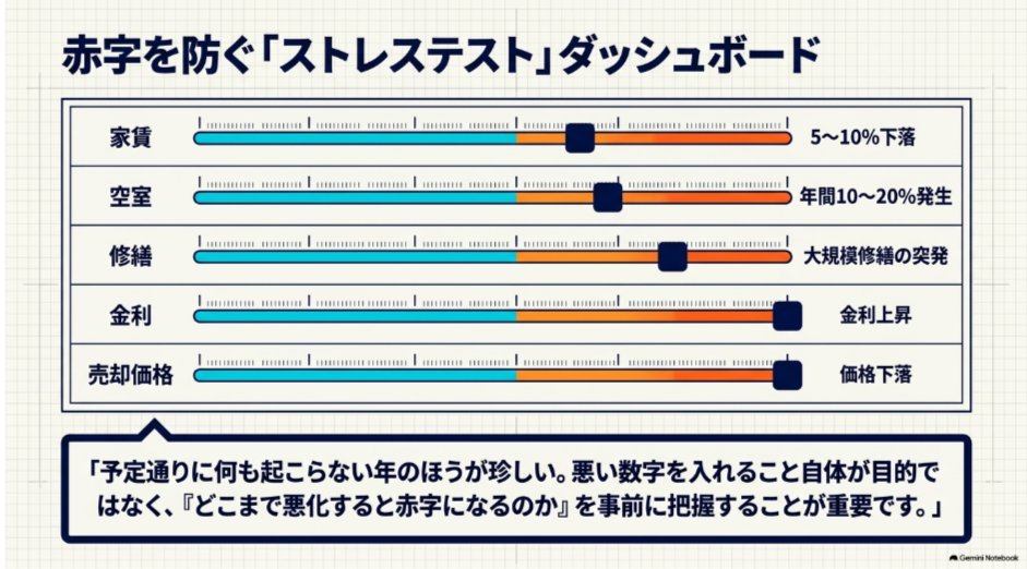 家賃下落・空室・大規模修繕・金利上昇・売却価格下落を想定する不動産投資のストレステスト図