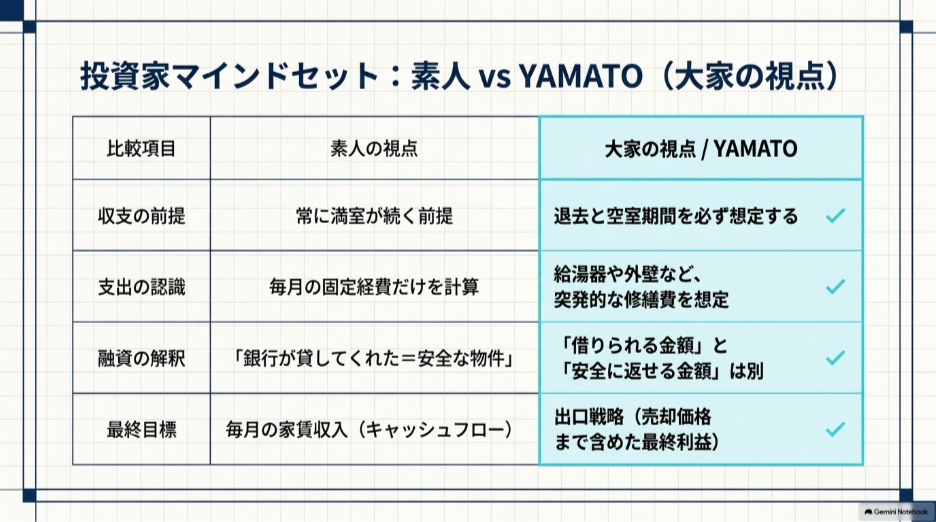 満室前提や固定費だけを見る初心者と空室・修繕・融資・出口まで考える大家YAMATOの視点を比較した表