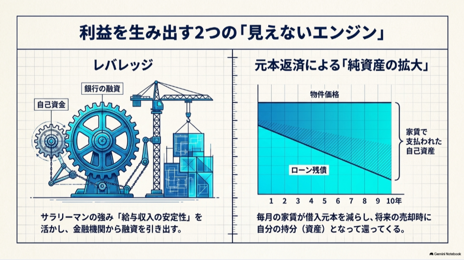銀行融資によるレバレッジと家賃によるローン元本返済で純資産が増える仕組みを示した図