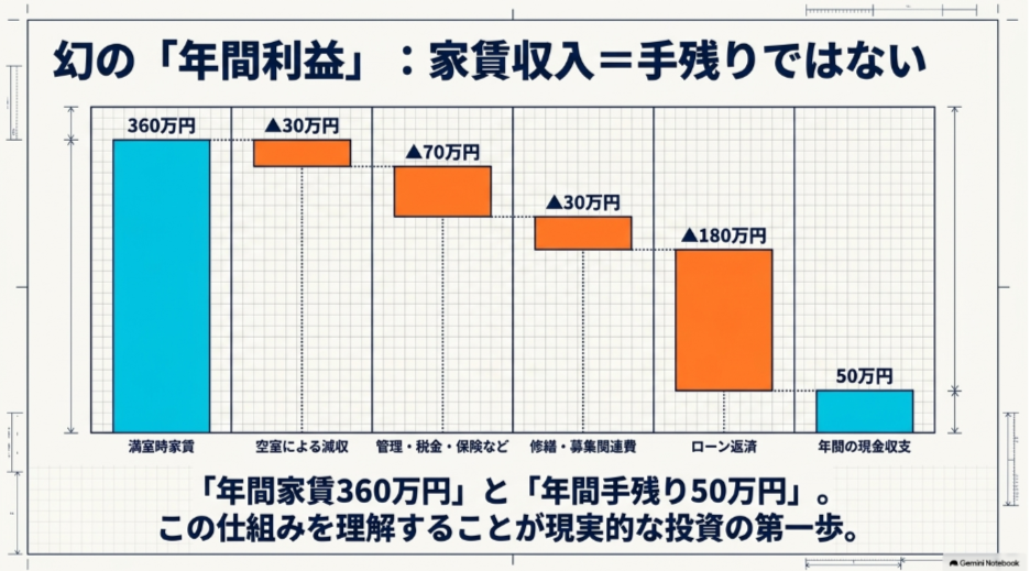 年間家賃360万円から空室・管理費・税金・修繕費・ローン返済を引くと年間現金収支50万円になる例