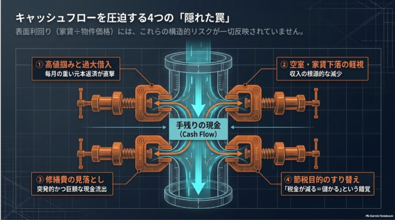 高値掴み、空室、修繕費、節税目的が不動産投資の手残りを減らす仕組み