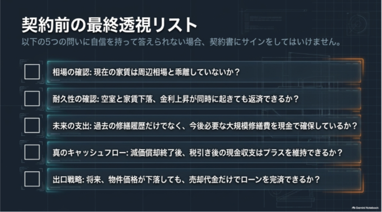 家賃相場、耐久性、修繕資金、税引き後収支、出口戦略を確認するチェックリスト