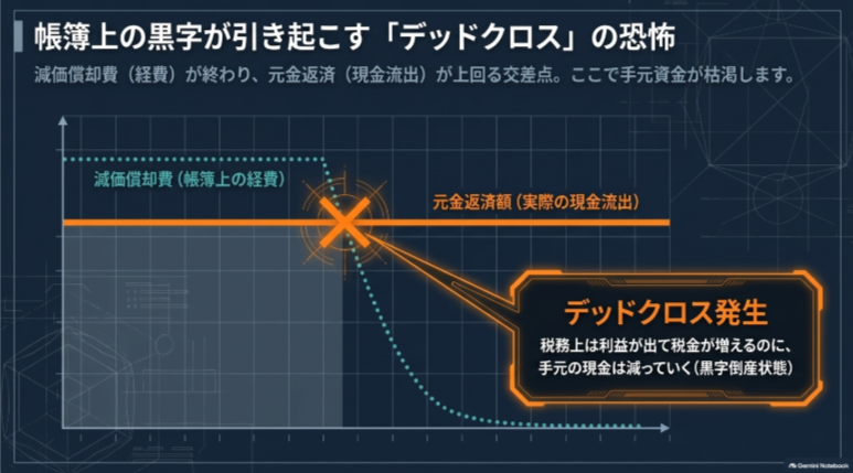 減価償却費の終了後も元金返済が続き帳簿上の黒字と現金不足が生じるデッドクロス