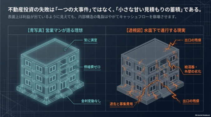 満室や低金利に見える不動産投資の裏で劣化や残債などのリスクが進行する様子