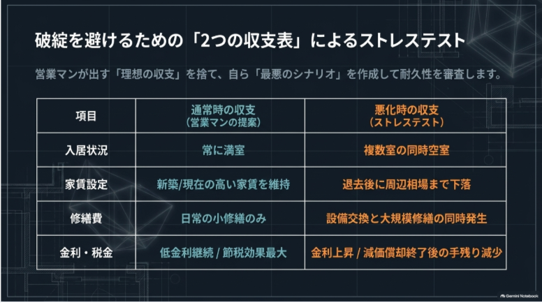満室時の通常収支と空室、家賃下落、修繕、金利上昇が重なる悪化時収支の比較