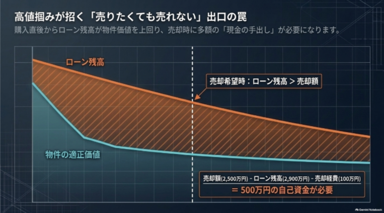 物件価値よりローン残高が多くなり売却時に500万円の自己資金が必要になる例
