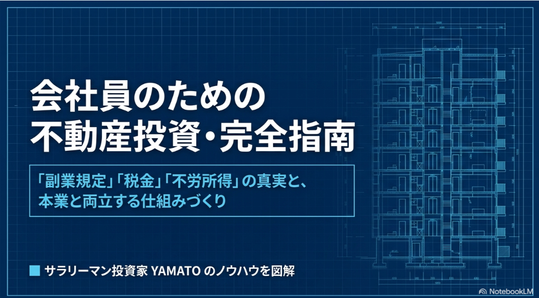 会社員が不動産投資を始める前に確認したい副業規定、税金、不労所得と本業との両立方法をまとめたスライド