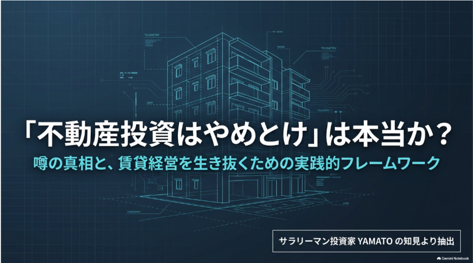 「不動産投資はやめとけ」は本当かをテーマに、賃貸経営を生き抜くための考え方を示した表紙